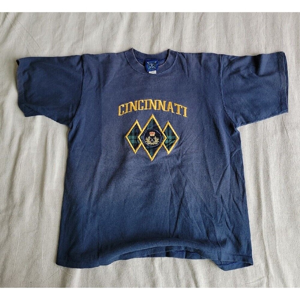 Oarsman 913 Mens L T‎ Shirt Blue Cincinnati Embroidered Diamond Crest 90s